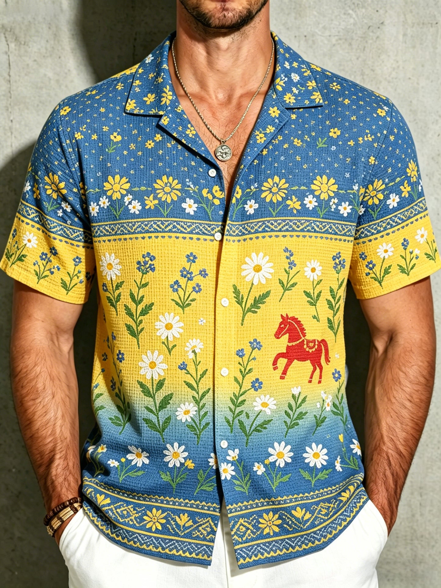 Men's Midsummer Party Floral Print Waffle Knit Short Sleeve Shirt