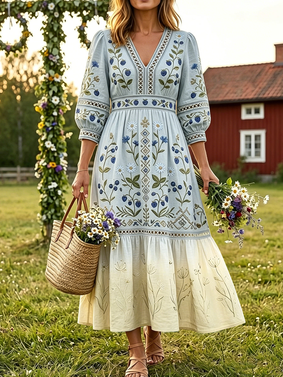Women's Retro Midsummer Blueberry Gradient Cotton Linen Holiday Dress