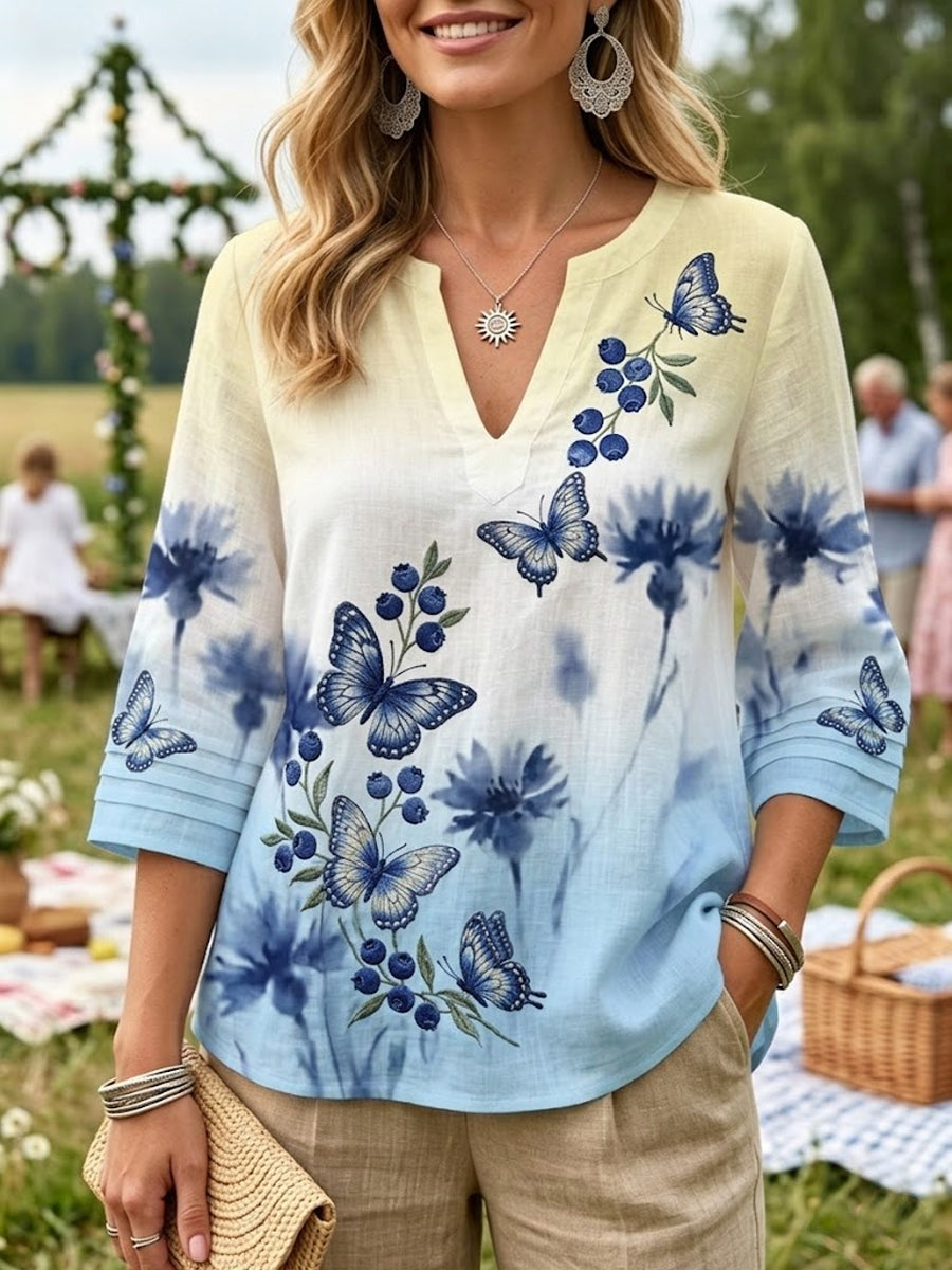 Women's Retro Midsummer Blueberry Butterfly Casual Cotton-Linen Blouse