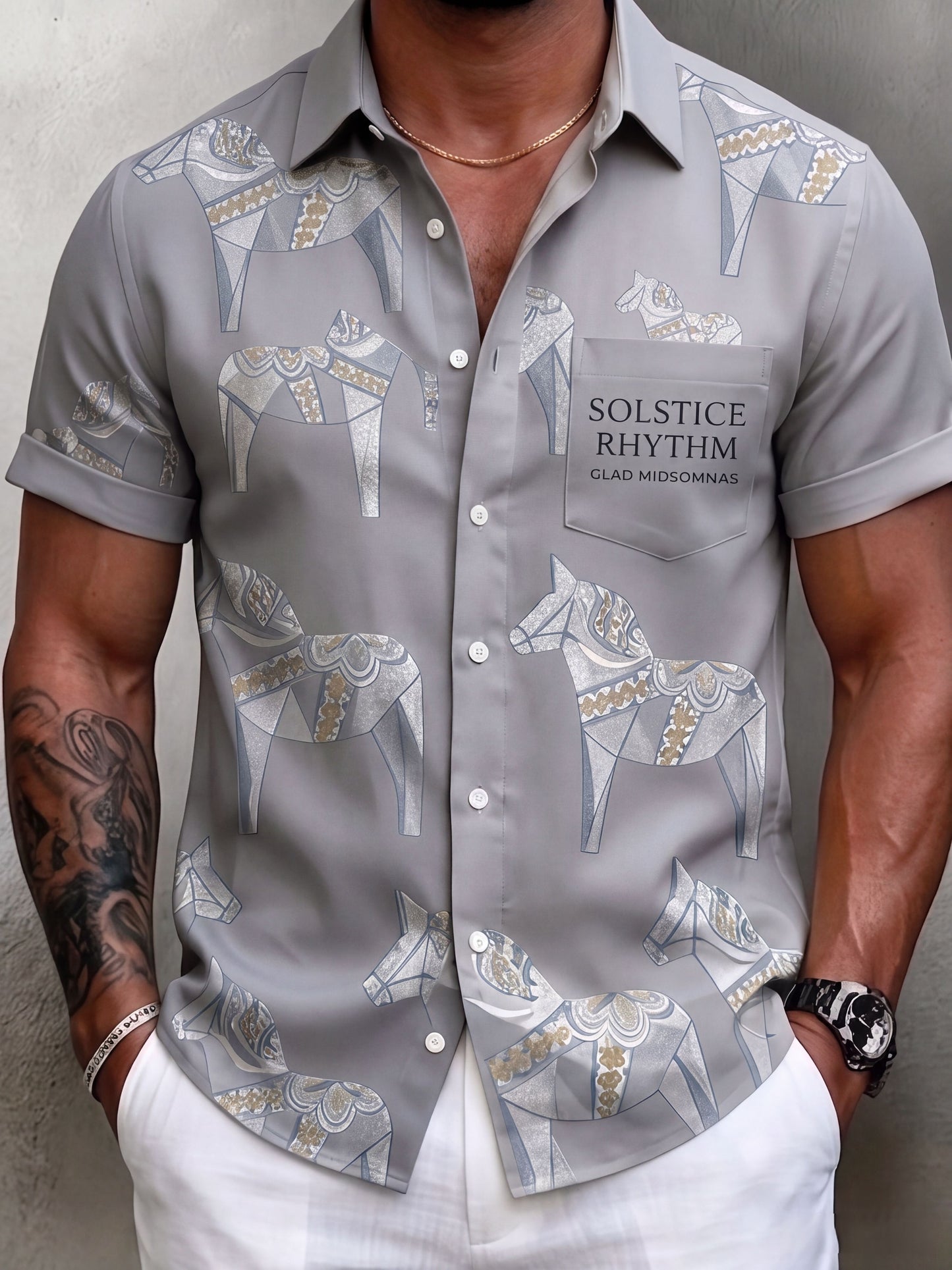 Men's retro Swedish midsummer folk cotton-linen shirt with pockets and short sleeves