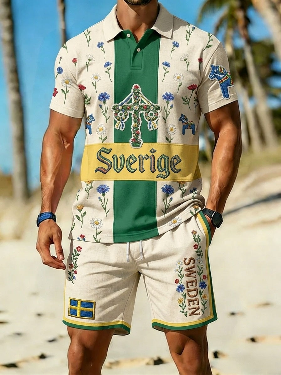 Men's Retro Swedish Midsummer Folk Never Floral Printed Casual Polo Shirt and Shorts Set