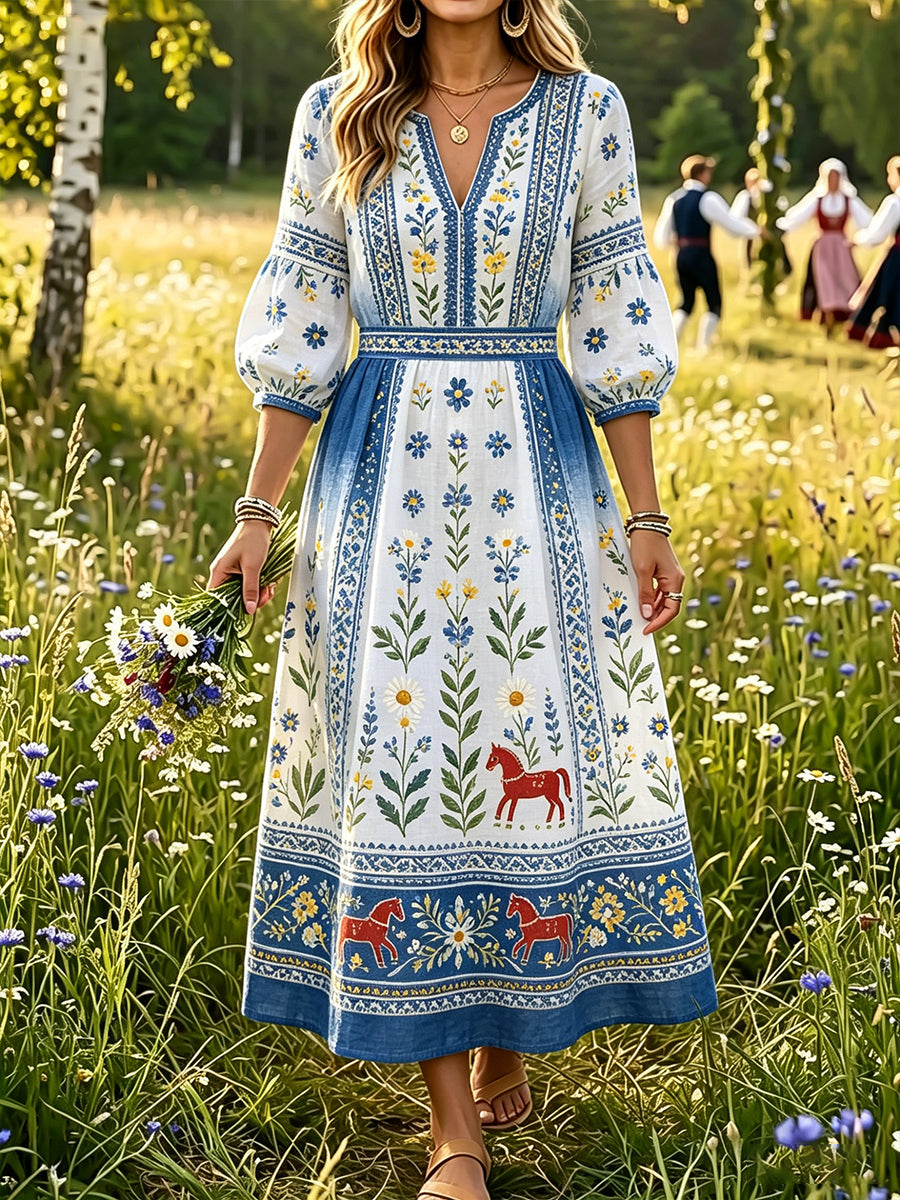 Damer Svensk midsommar Dalahästtryck Casual mode Bomull-linne V-ringning Klänning