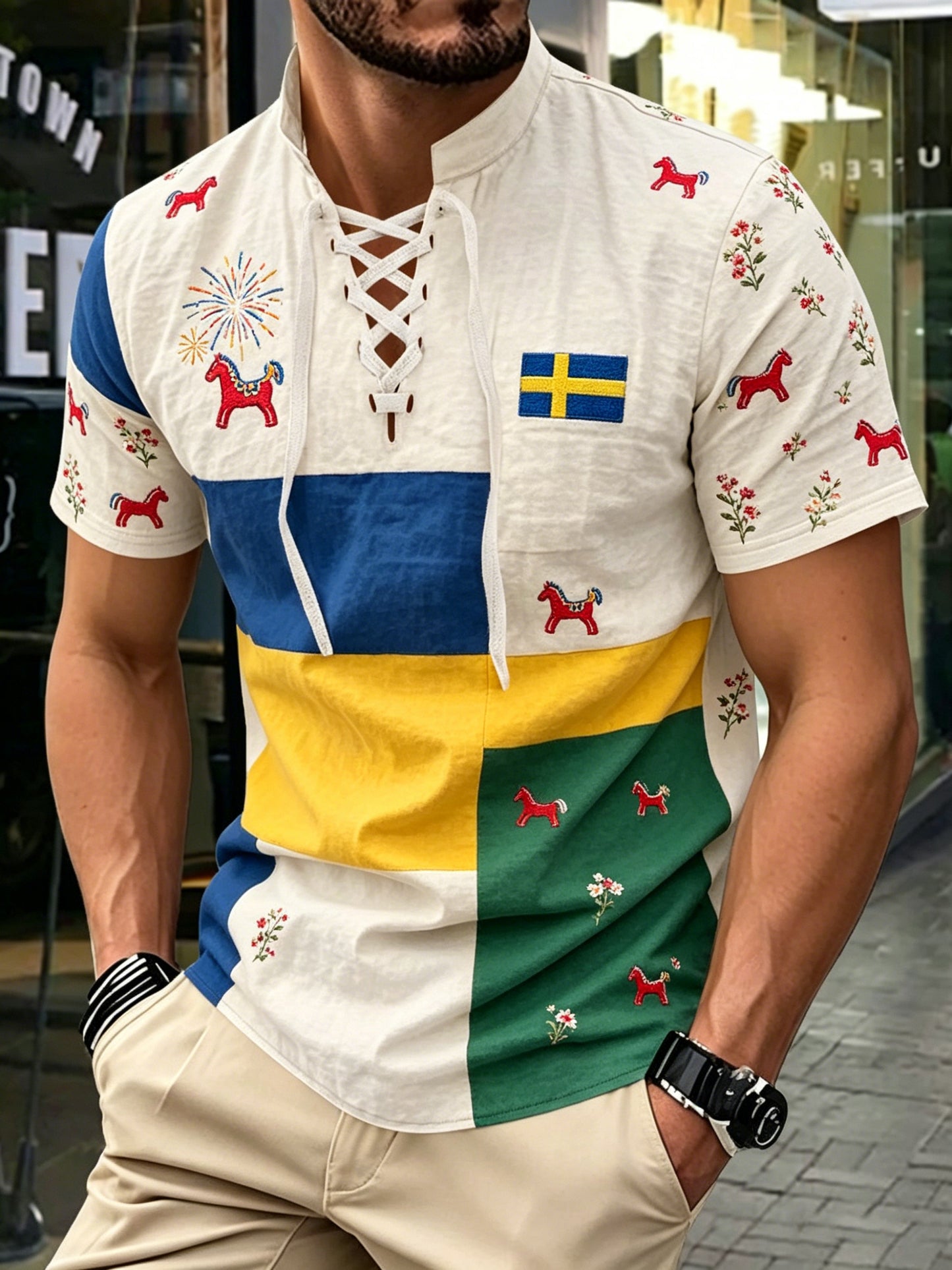 Herrkonsttryck på t-shirt med korta ärmar – Svensk midsommar
