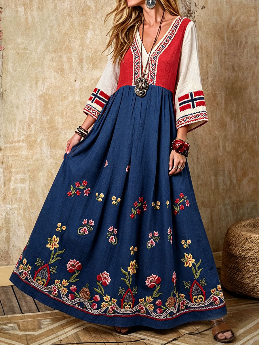 Women's shirt in Nordic Scandinavian style with floral pattern and linen dress
