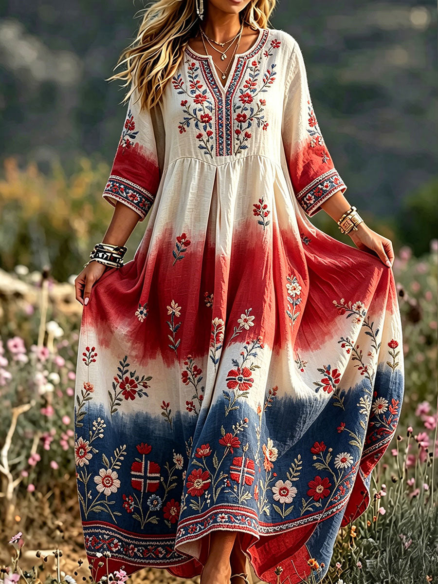 Women's shirt in Nordic Scandinavian style with floral pattern and linen dress