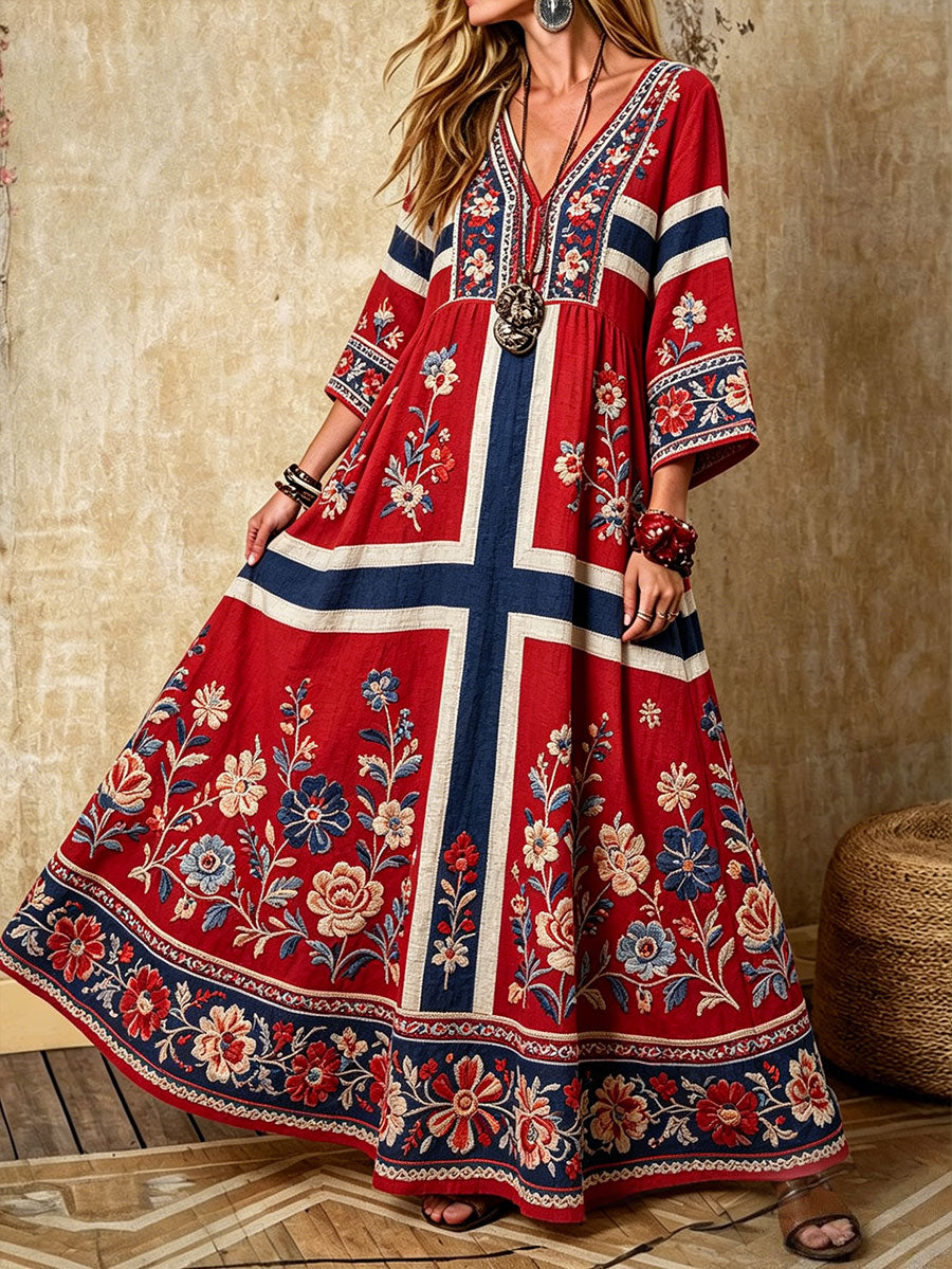 Women's shirt in Nordic Scandinavian style with floral pattern and linen dress