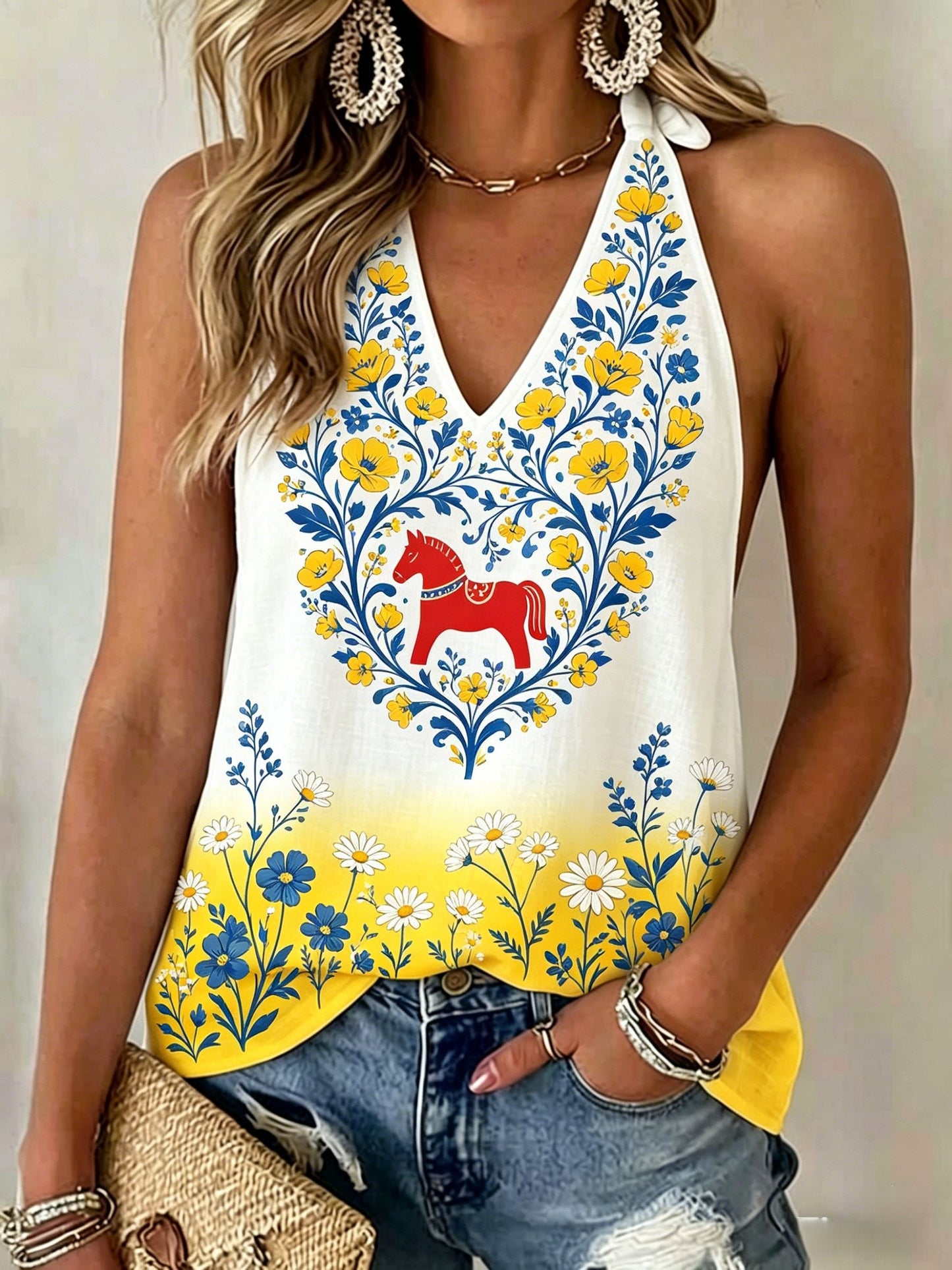 Women's retro Swedish midsummer folkloric floral print backless halter top