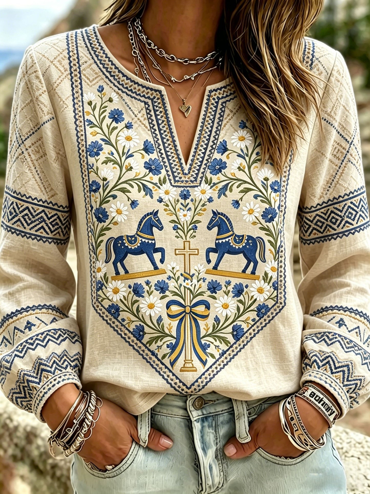Women's retro Swedish Midsummer folkloric blouse in cotton-linen fabric with floral pattern