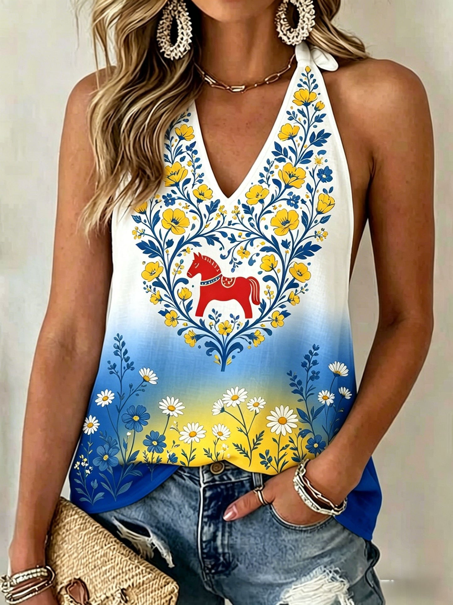 Kvinnor Retro Svenska midsommar Folk Floral Backless Halter Västrar