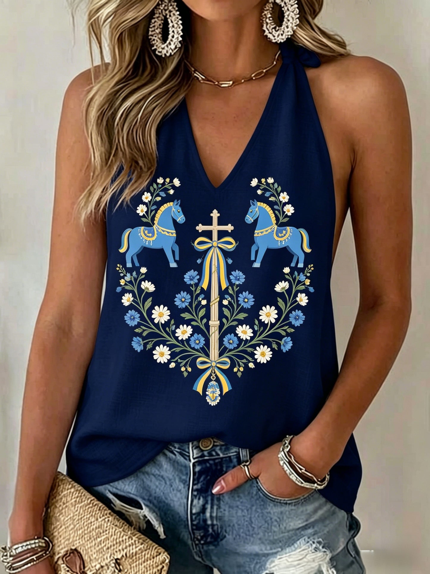 Women's retro Swedish midsummer folkloric floral print backless halter top