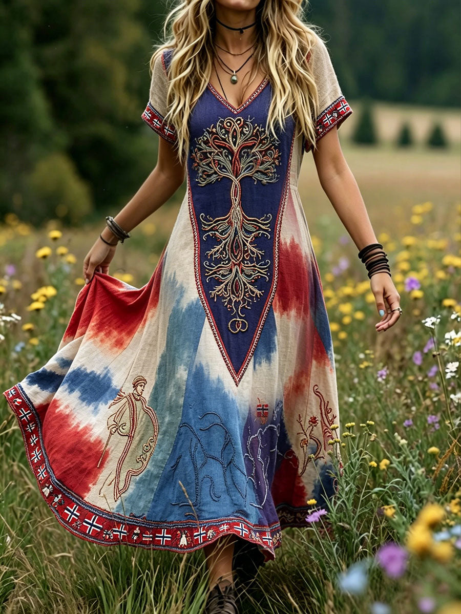 Women's dress in Nordic Scandinavian style with floral motif and art print