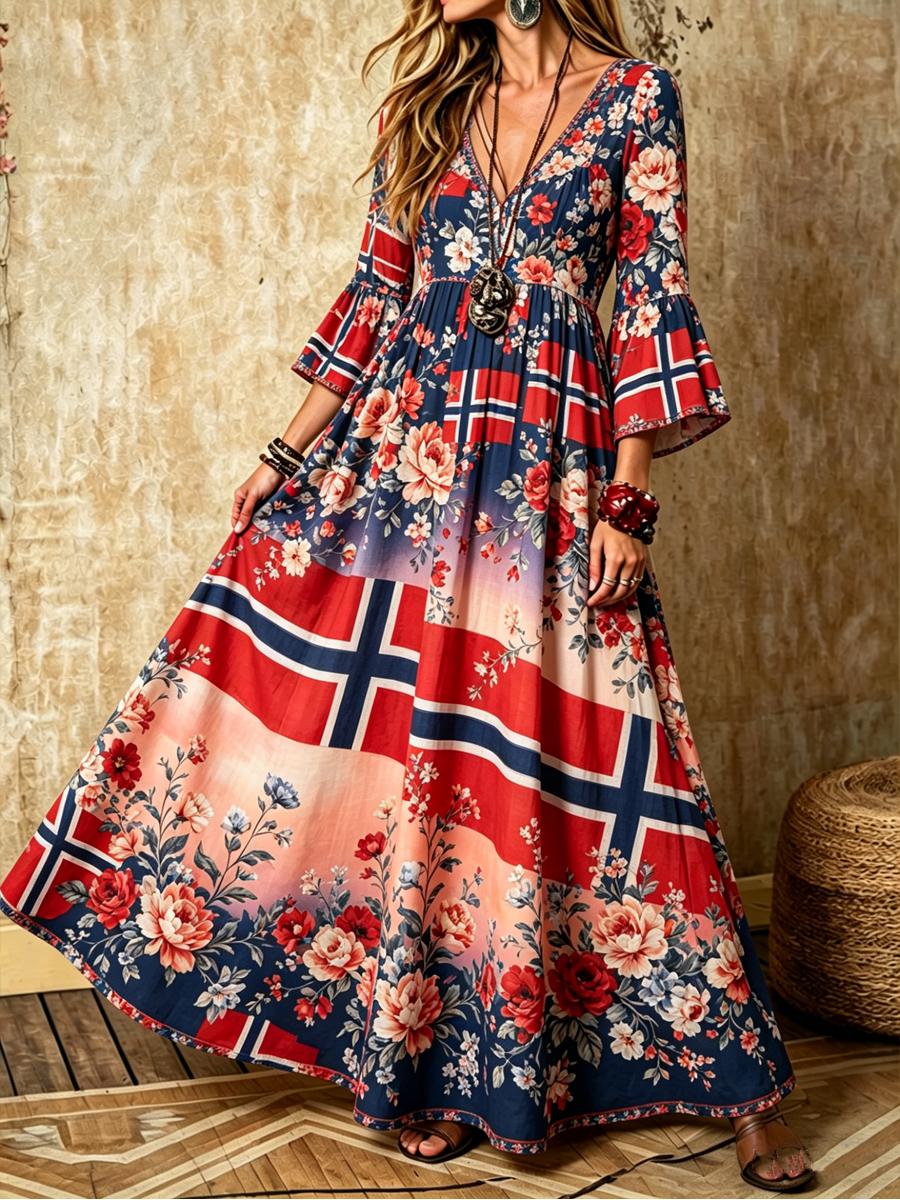 Women's Nordic Scandinavian Style Floral Print V-Neck Dress with Pockets