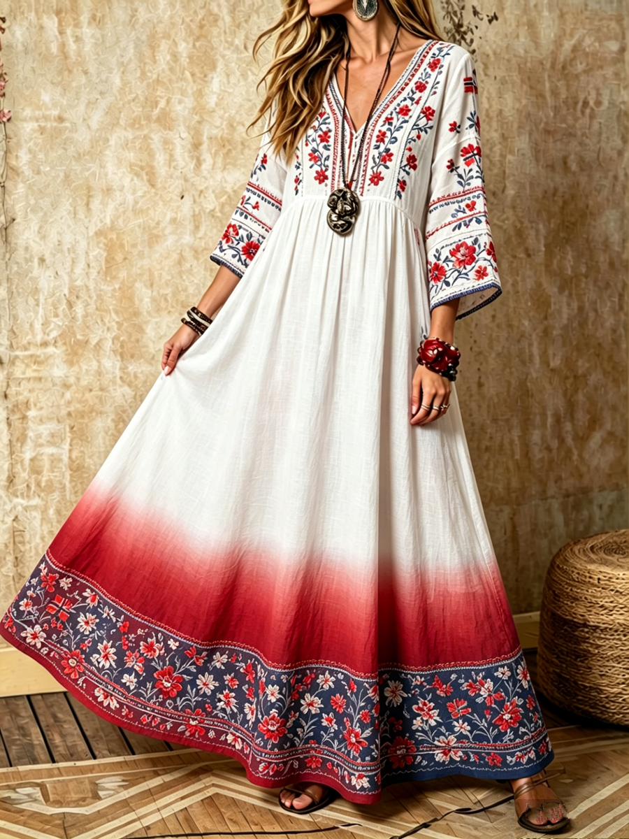 Women Nordic Scandinavian Style Floral Print V-neck Dress with Pockets