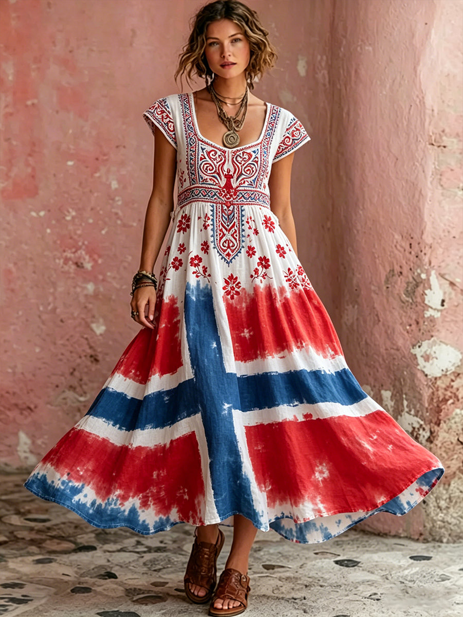 Women's Retro Viking Dress with Floral Pattern and Relaxed Style