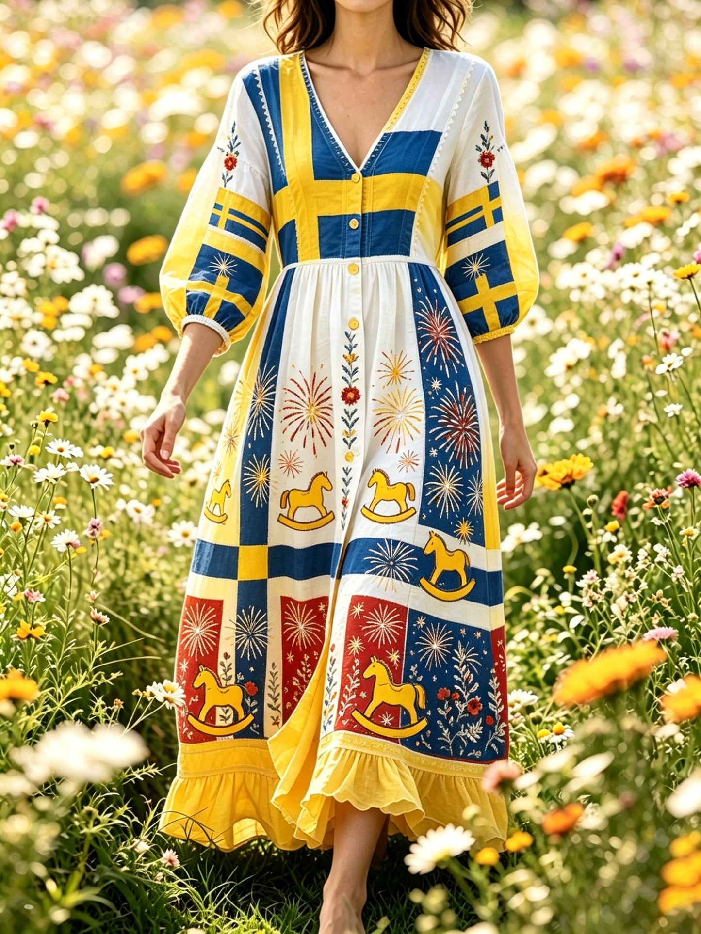 Ladies' Swedish National Day Commemorative Art Print Long Dress