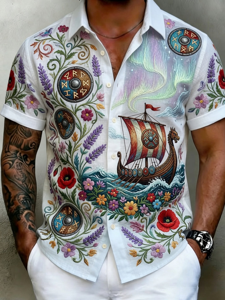 Old Scandinavian style men's cotton-linen shirt with Norwegian art print