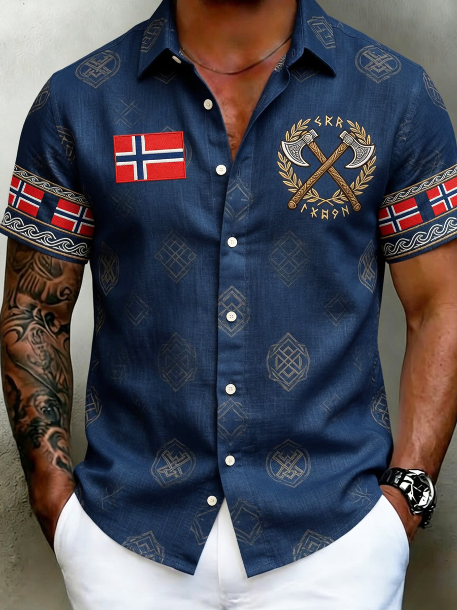 Old Scandinavian style men's cotton-linen shirt with Norwegian art print