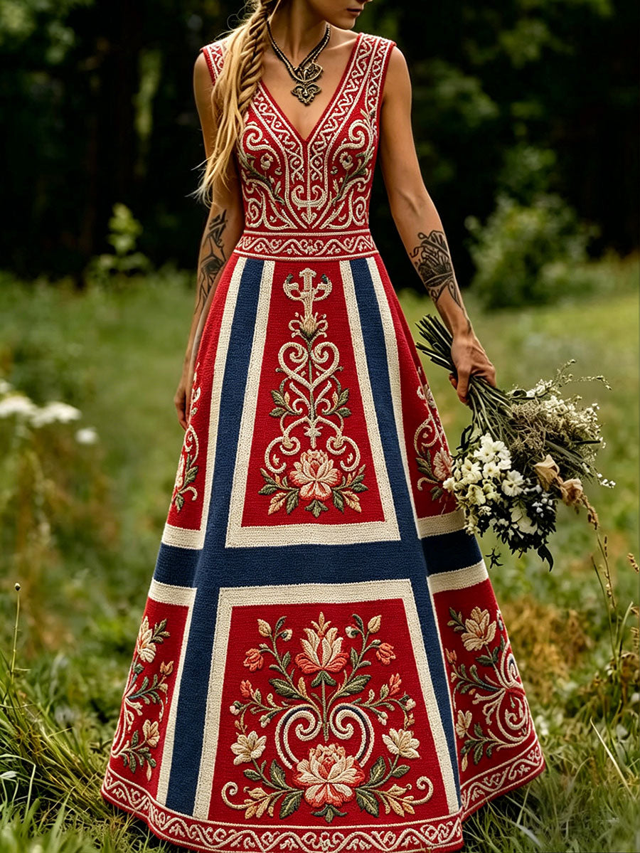 Women's dress in Scandinavian style with Nordic floral and Viking motifs