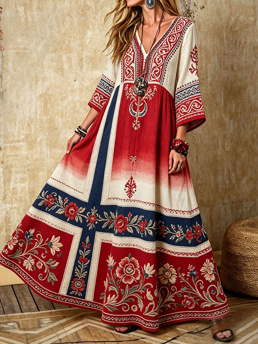 Scandinavian-style women's dress with Nordic floral and Viking symbol pattern printed on our linen