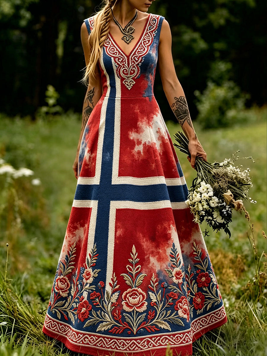 Scandinavian style women's dress with Nordic floral and Viking motif