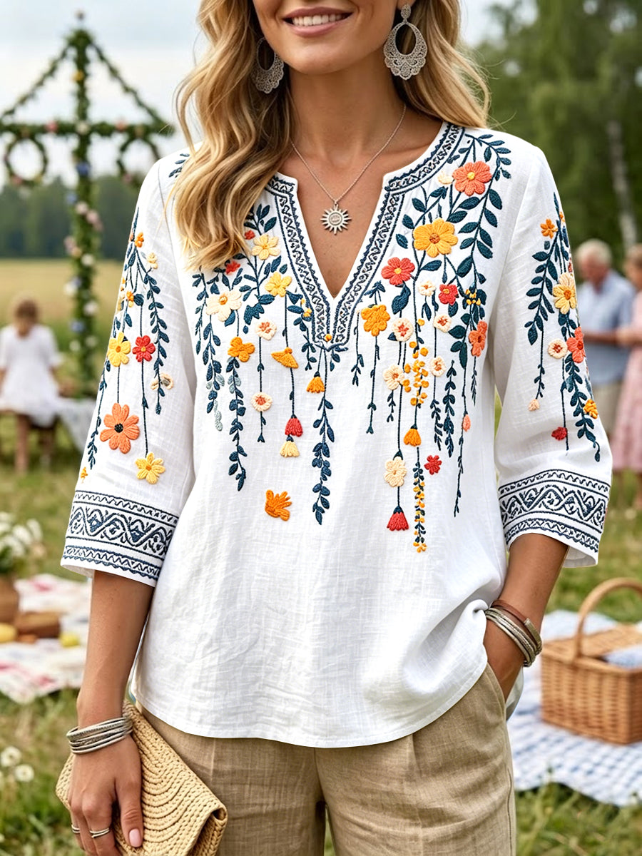 Women's Swedish Midsummer 3D Floral Print V-Neck Casual T-Shirt