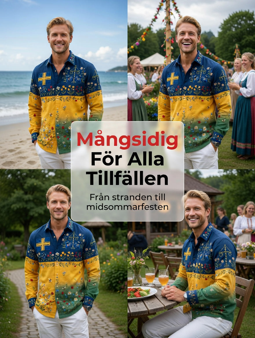 Men's retro Swedish Midsummer folk never floral cotton-linen long-sleeved shirt