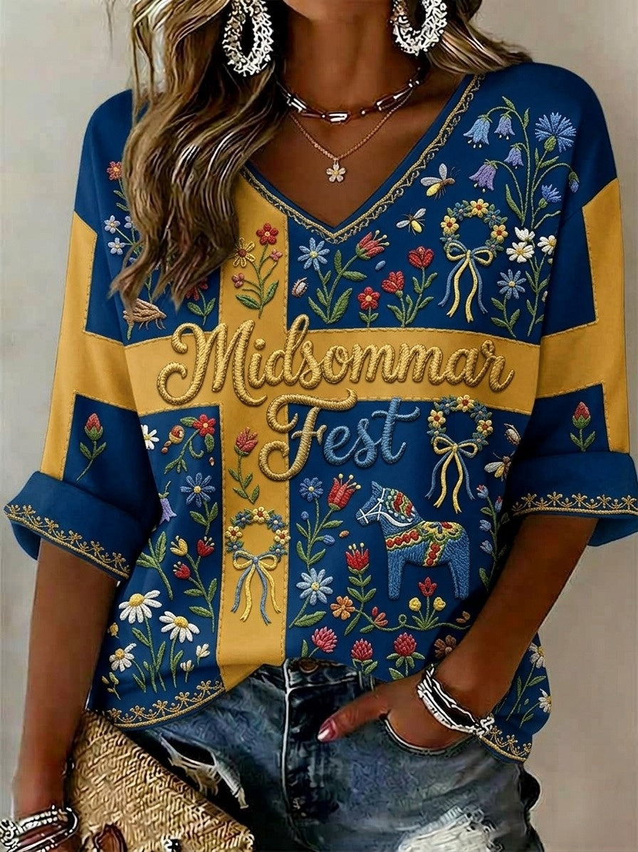 Dams retro svensk midsommarfolkblommig topp