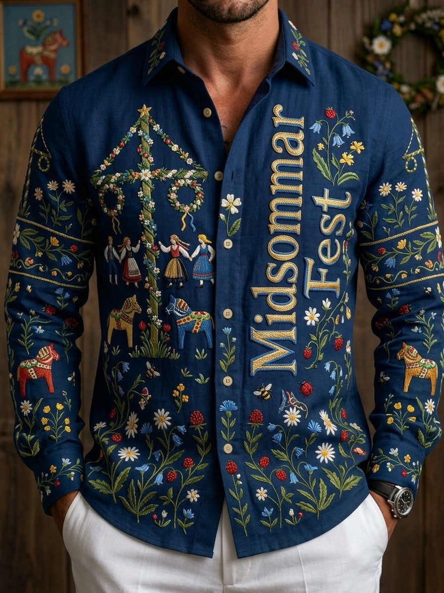 Men's retro Swedish Midsummer folk never floral cotton-linen long-sleeved shirt