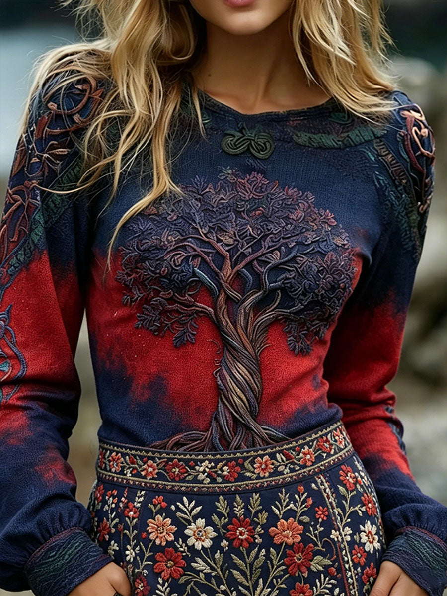 Women Scandinavian Style Nordic Floral Art Printed Linen Top