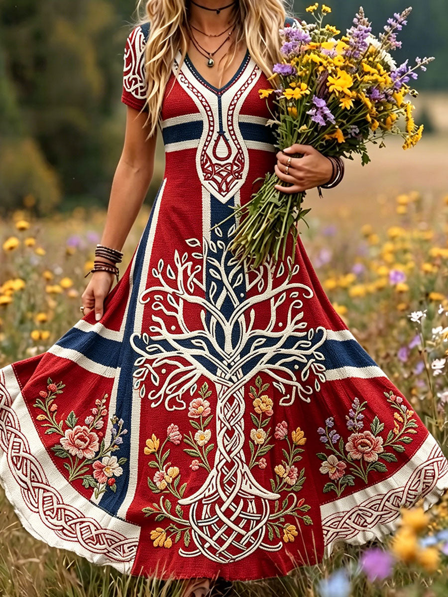 Women's dress in Scandinavian style with a Nordic floral motif printed on linen fabric