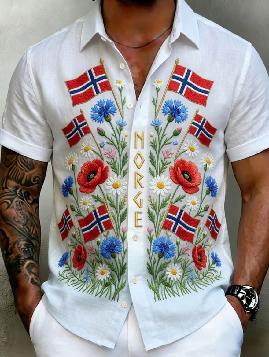Old Scandinavian style men's cotton-linen shirt with Norwegian art print