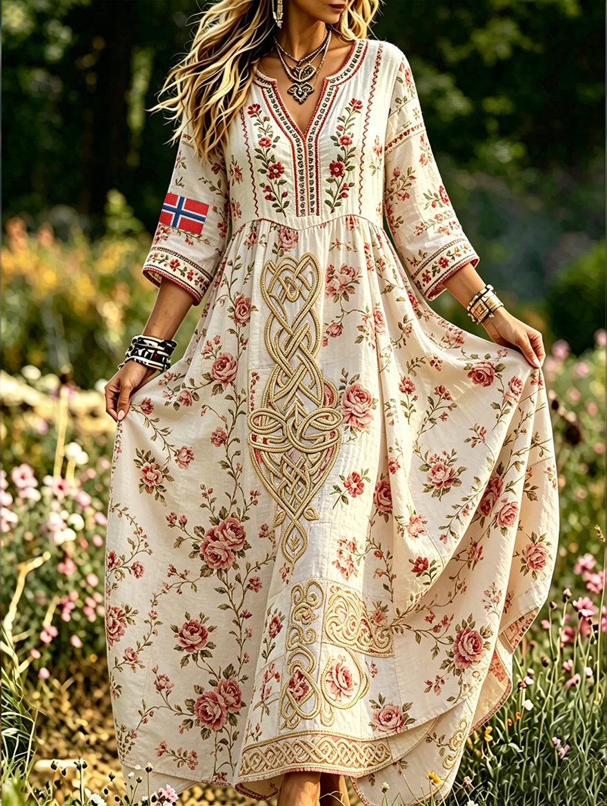 Women's dress in retro Scandinavian style in cotton-linen with Norwegian art print