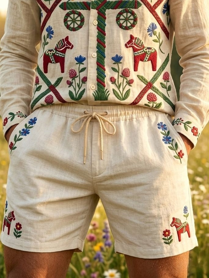 Men's Retro Swedish Midsummer Folk Floral Cotton-Linen Shorts