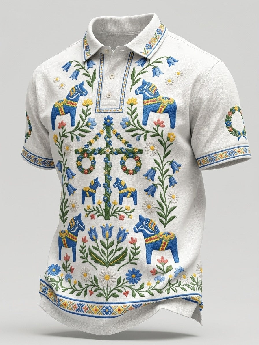 Herrretro svensk midsommarfolkblommig polotröja med korta ärmar