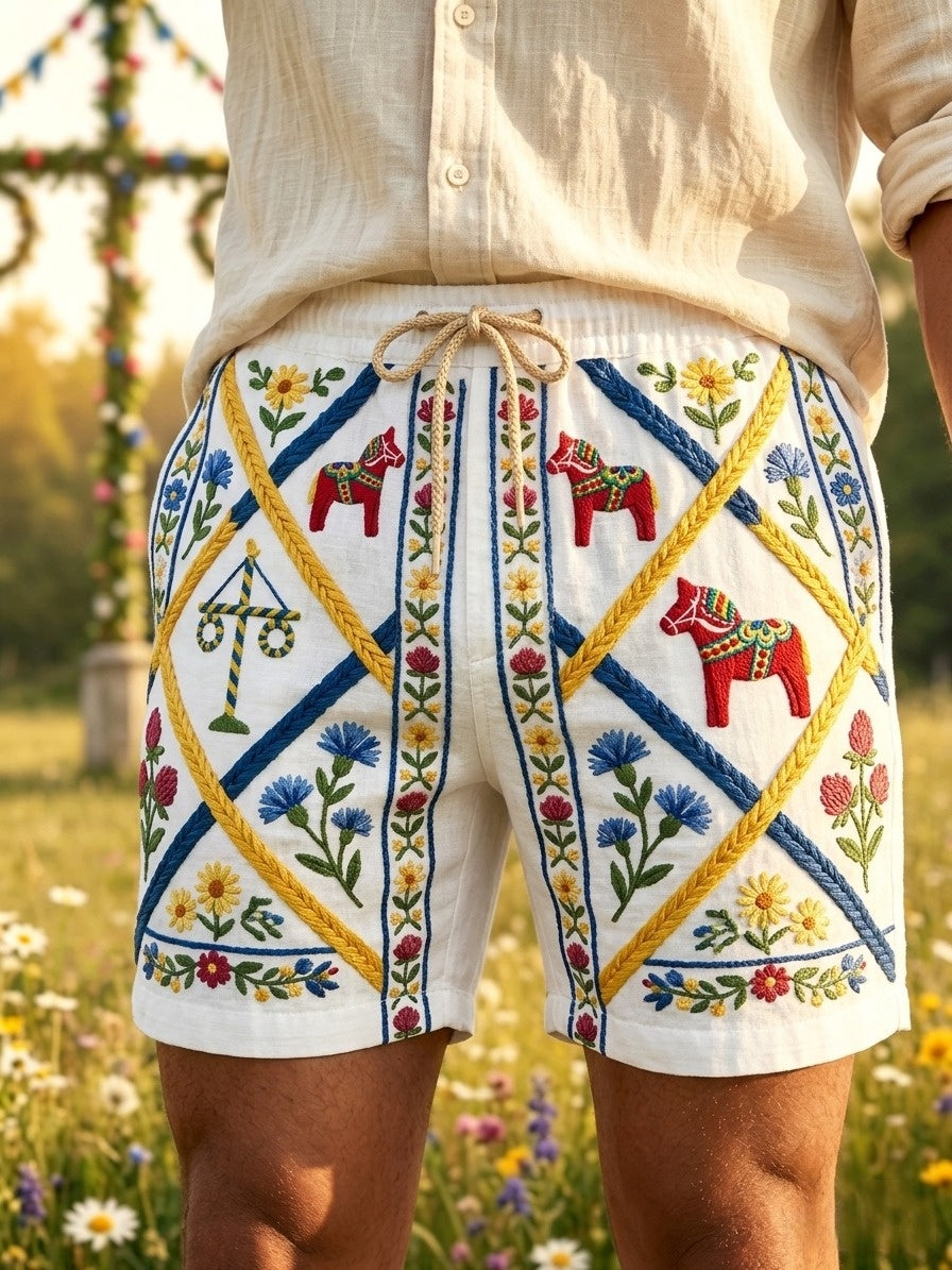 Men's Retro Swedish Midsummer Folk Floral Cotton-Linen Shorts