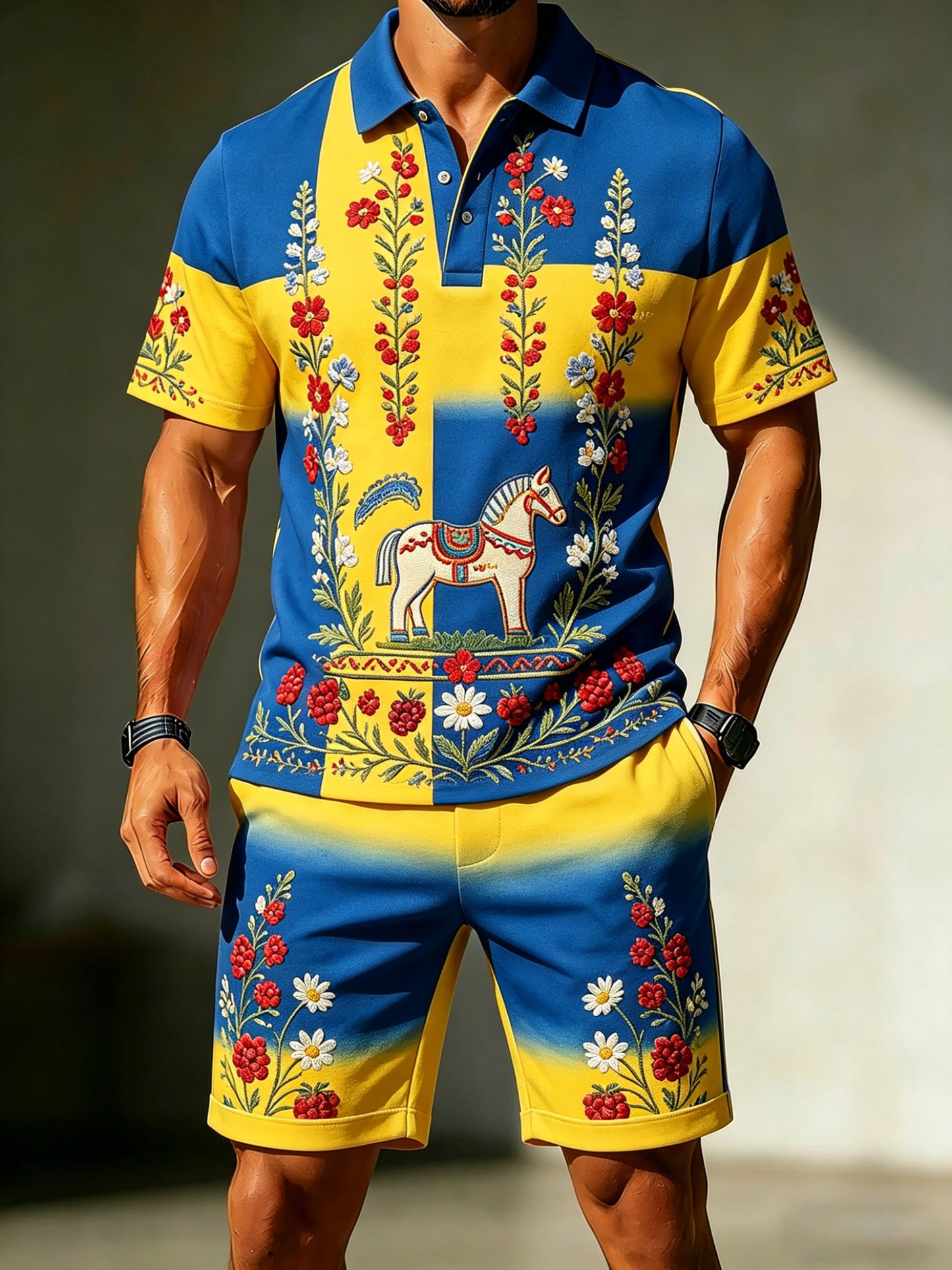 Men's set with art print and polo in connection with the Swedish Midsummer celebration