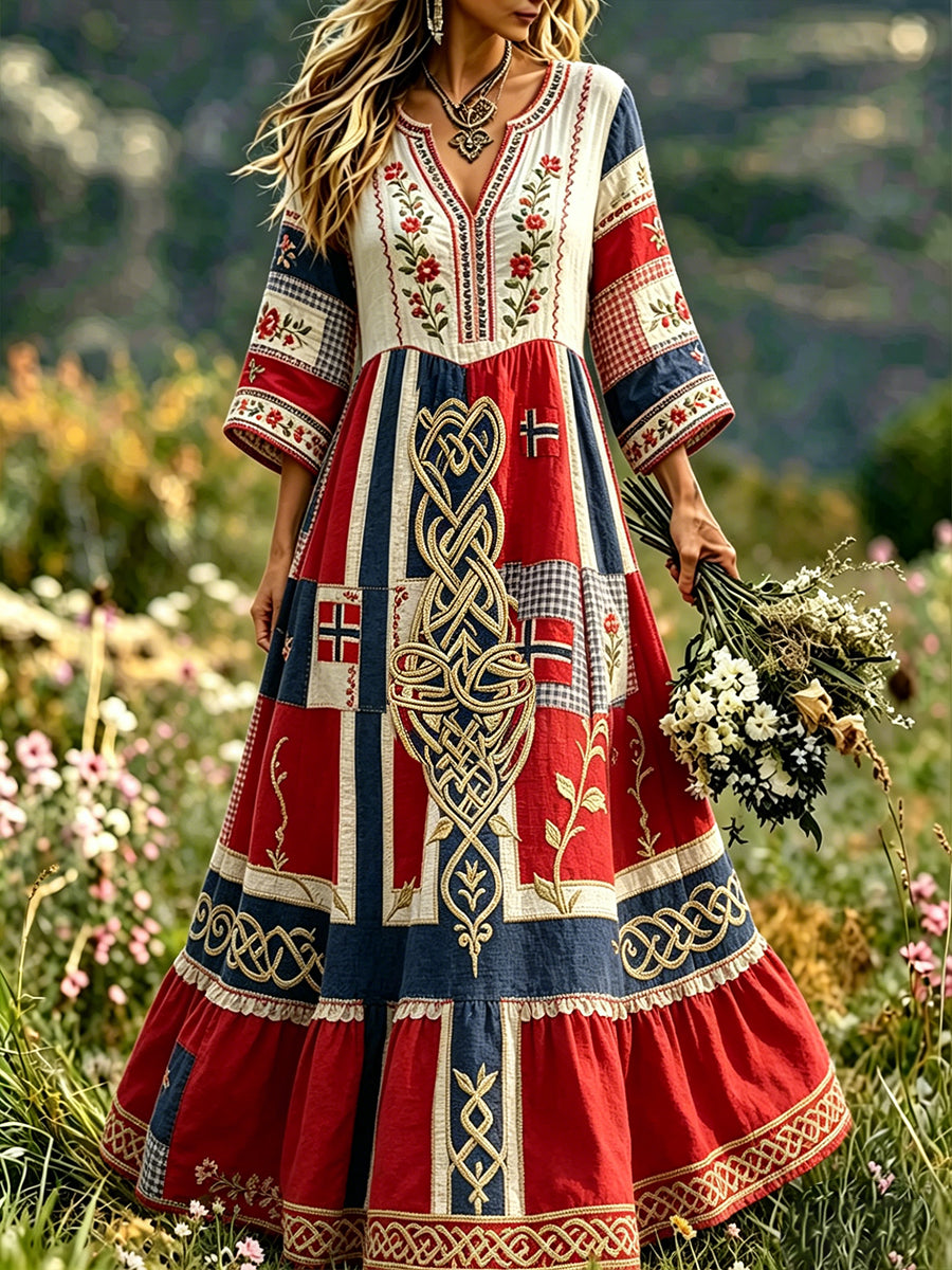Women's dress in retro Scandinavian style in cotton-linen with Norwegian art print