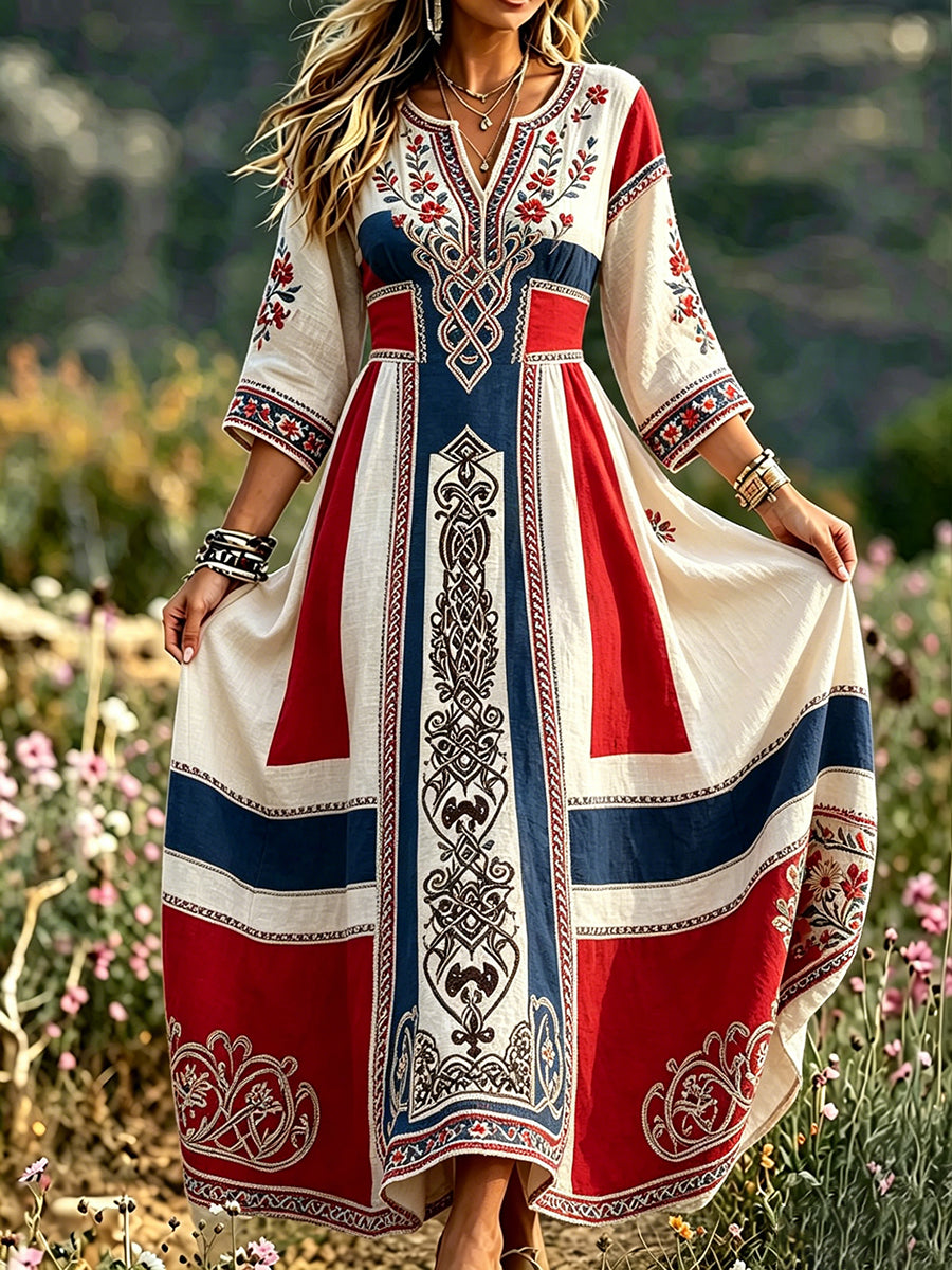 Women's dress in retro Scandinavian style in cotton-linen with Norwegian art print