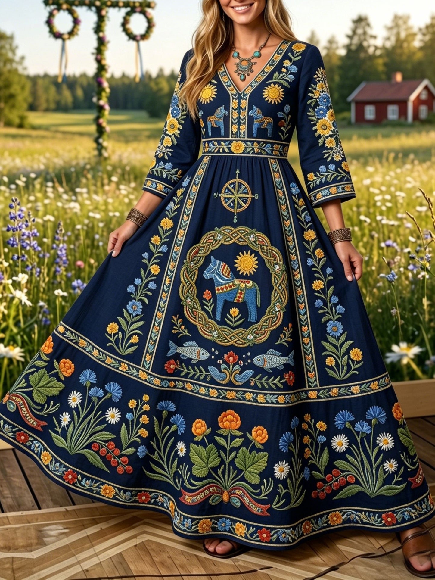 Women's retro Swedish midsummer folk costume in cotton-linen with a floral pattern