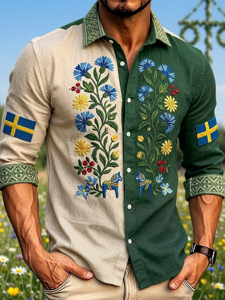 Herrretro svensk midsommarfolkaldrigblommig bomull-linne långärmad skjorta