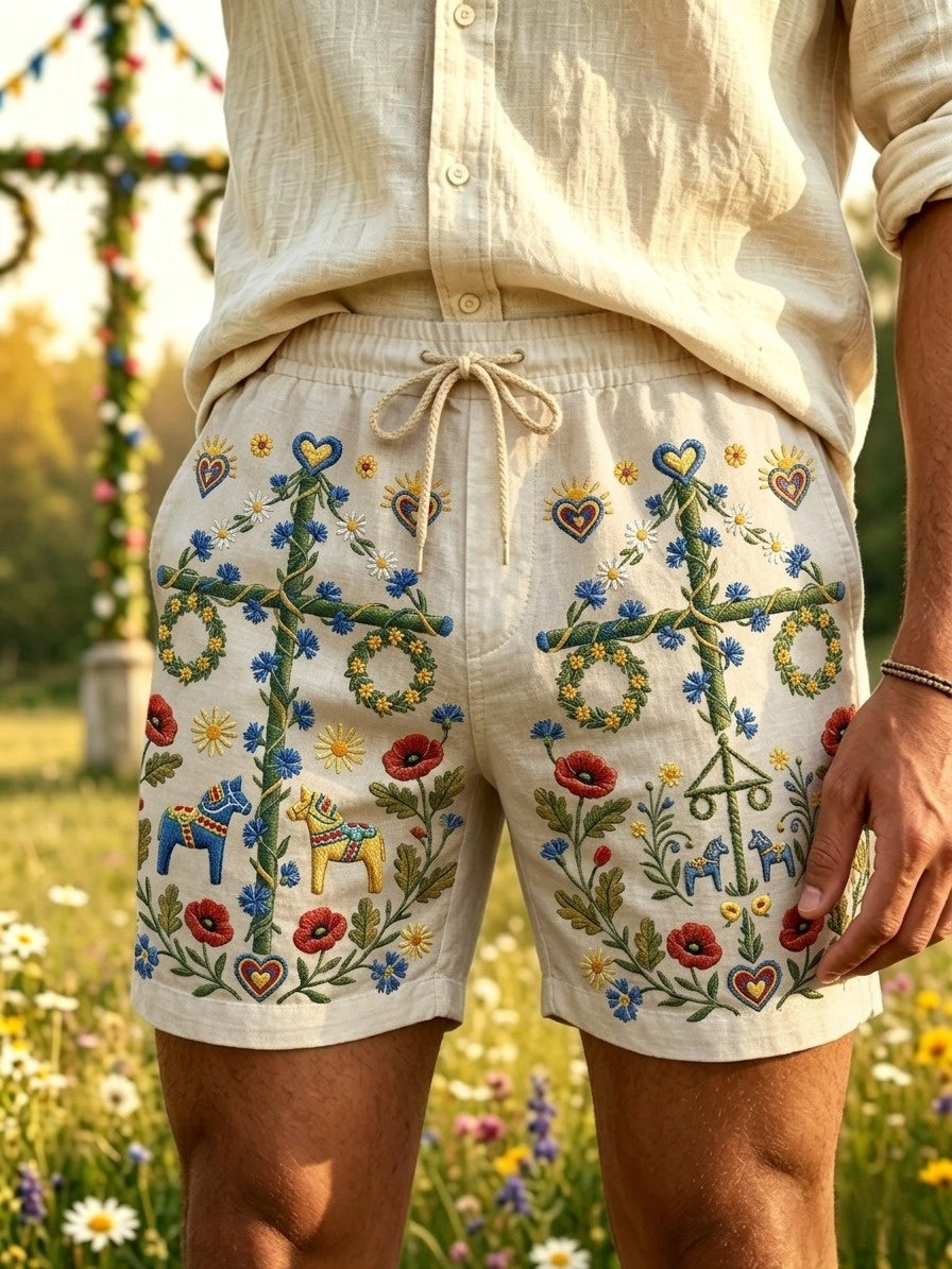 Herrkläder Retro Svenska Midsommar Folk Floral Bomull-Linne Korta Byxor