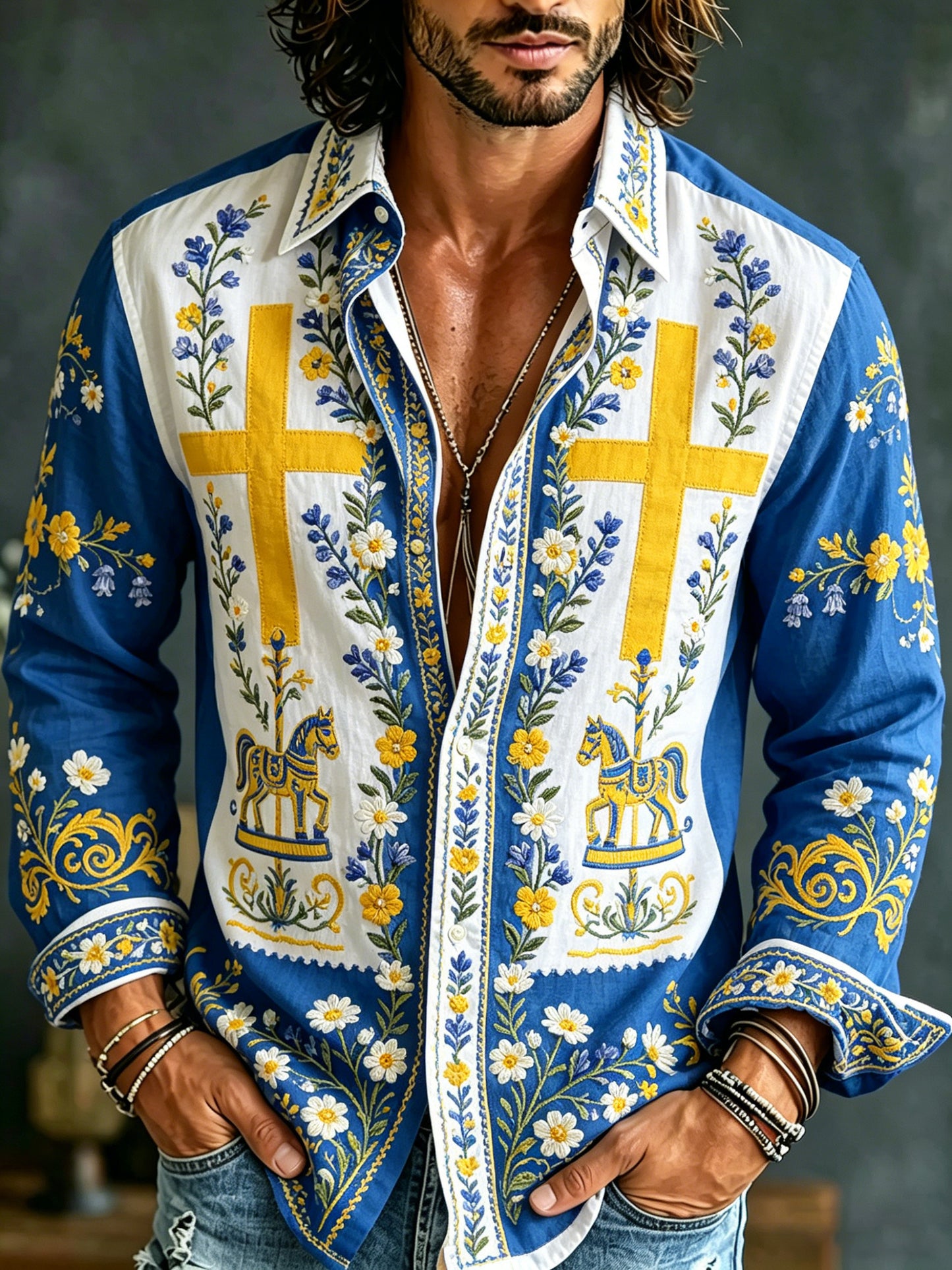 Herrtröja med långa ärmar och konstprint som hyllar den svenska midsommarfesten
