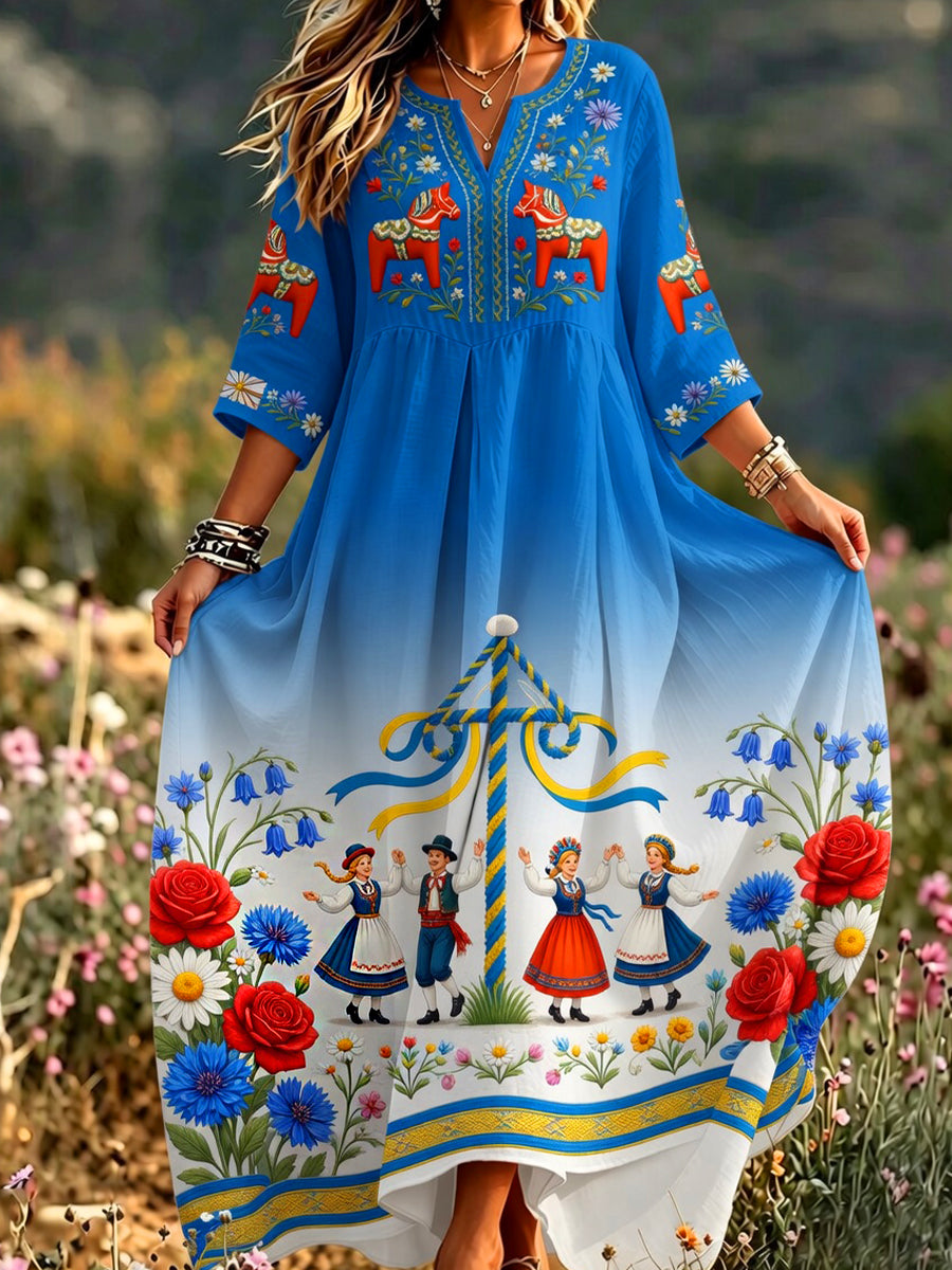 Women's Retro Swedish Art Print Casual Cotton Linen Dress – norplagg