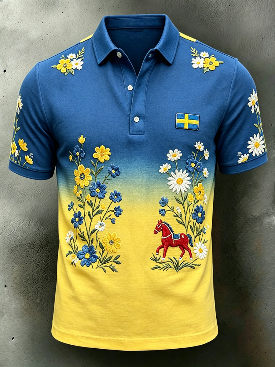 Herrmidsommardräkt med blommönster och färgförändring, kortärmad polotröja