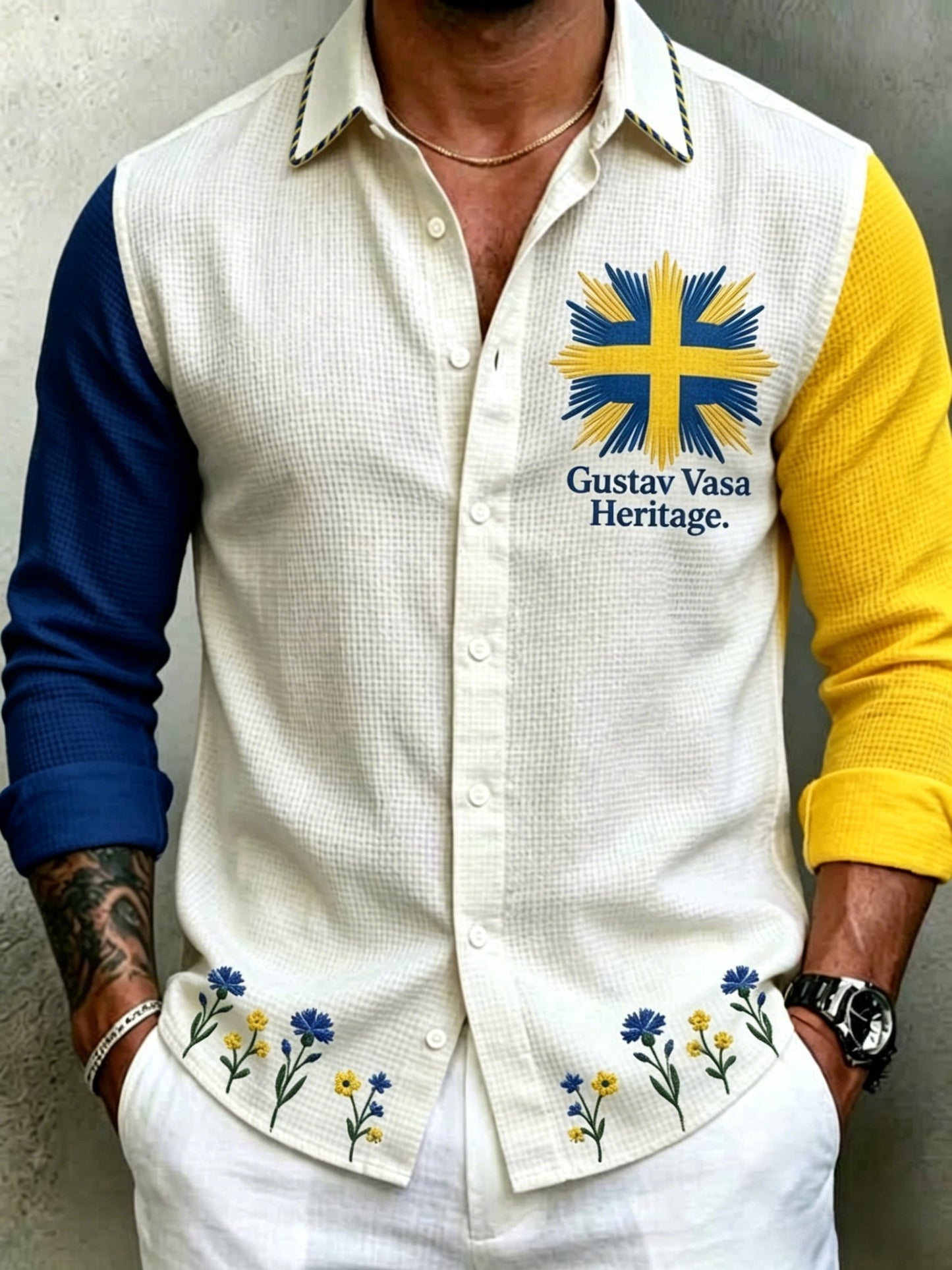 Herrretro svensk midsommarfolkaldrigblommig vafeltröja med långa ärmar