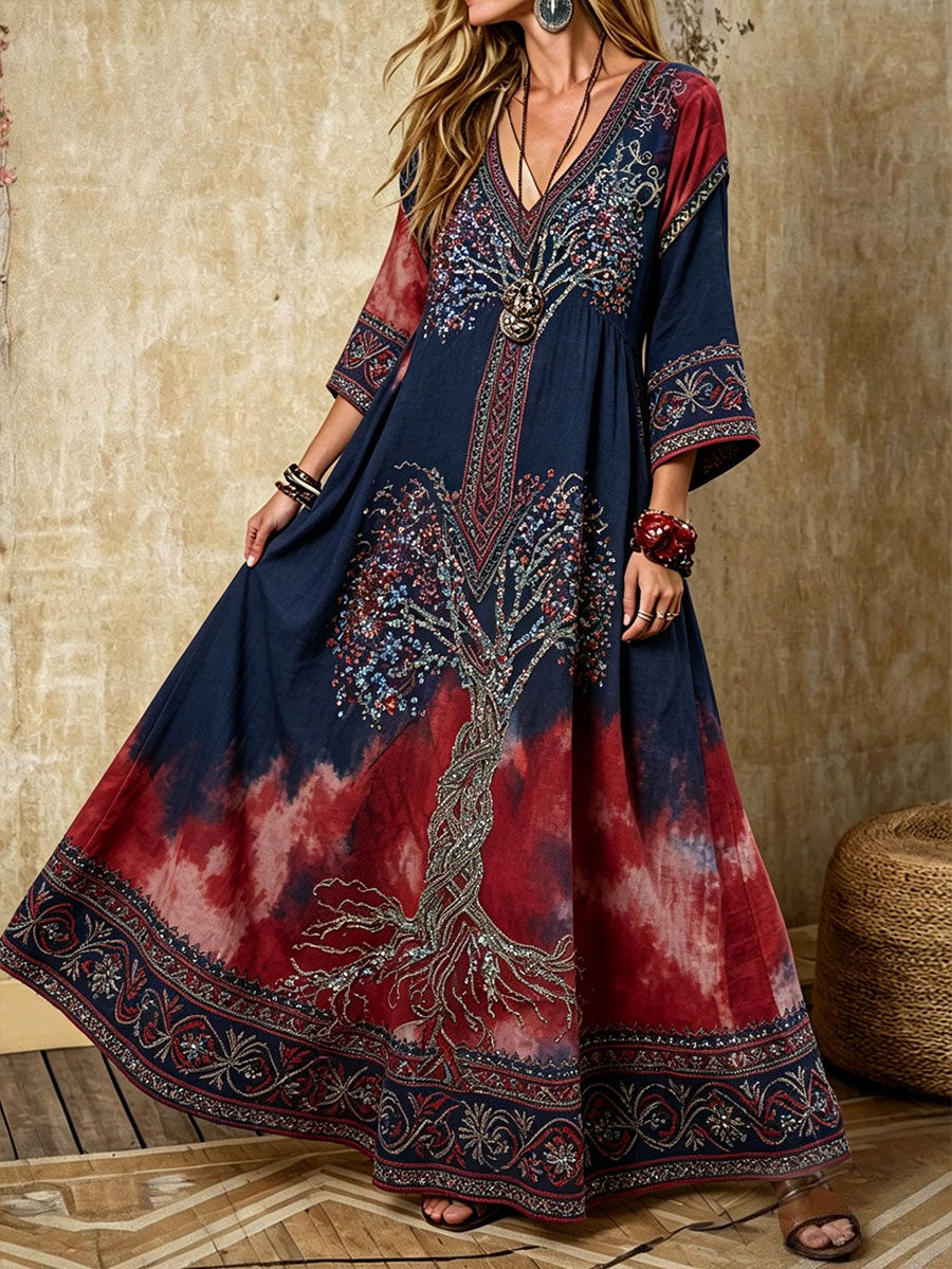 Women's dress in Scandinavian style with a Nordic floral motif printed on linen fabric