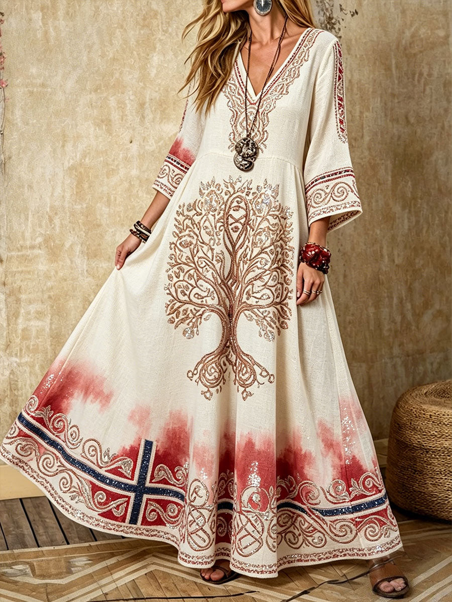Women's dress in Scandinavian style with a Nordic floral motif printed on linen fabric