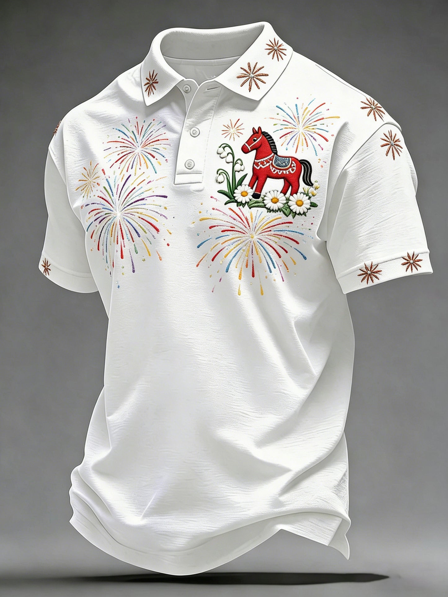 Men's polo shirt with short sleeves and an art print commemorating Sweden's National Day