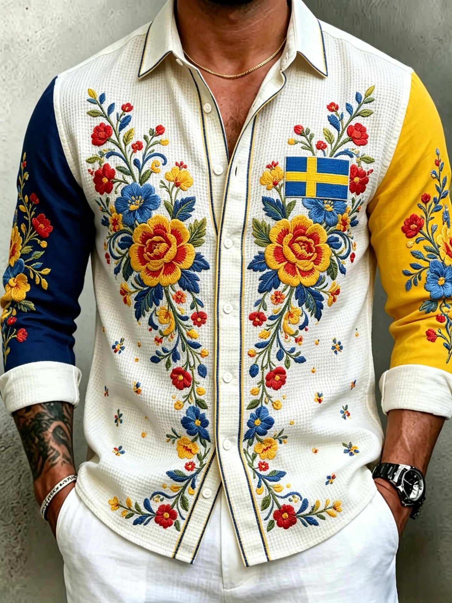 Herrretro svensk midsommarfolkaldrigblommig vafeltröja med långa ärmar