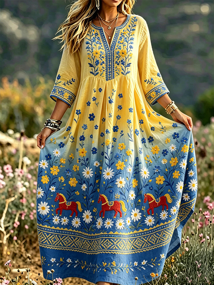 Women Swedish Midsummer Dala Horse Print Casual Fashion Cotton-Linen V-Neck Sleeve Dress